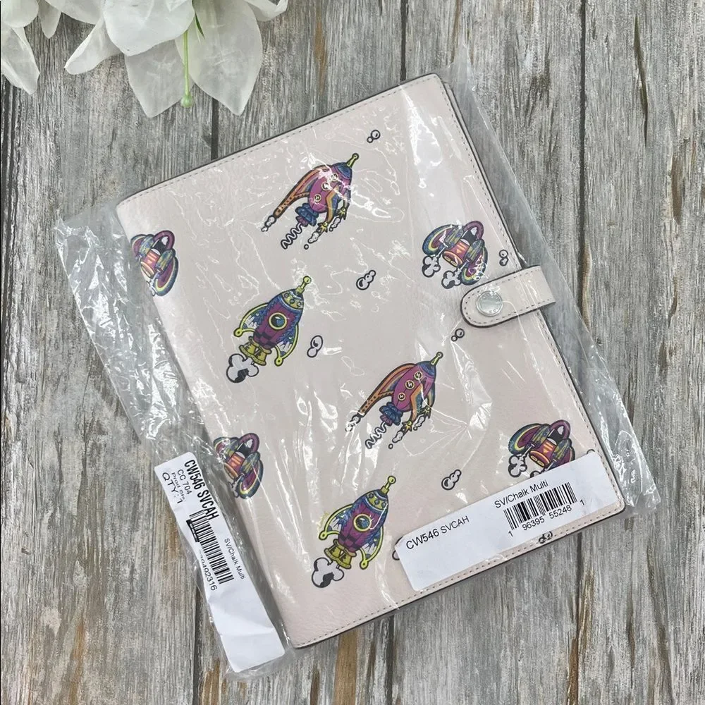 Coach Notebook In Pebbled Leather With Rocket Ship Print